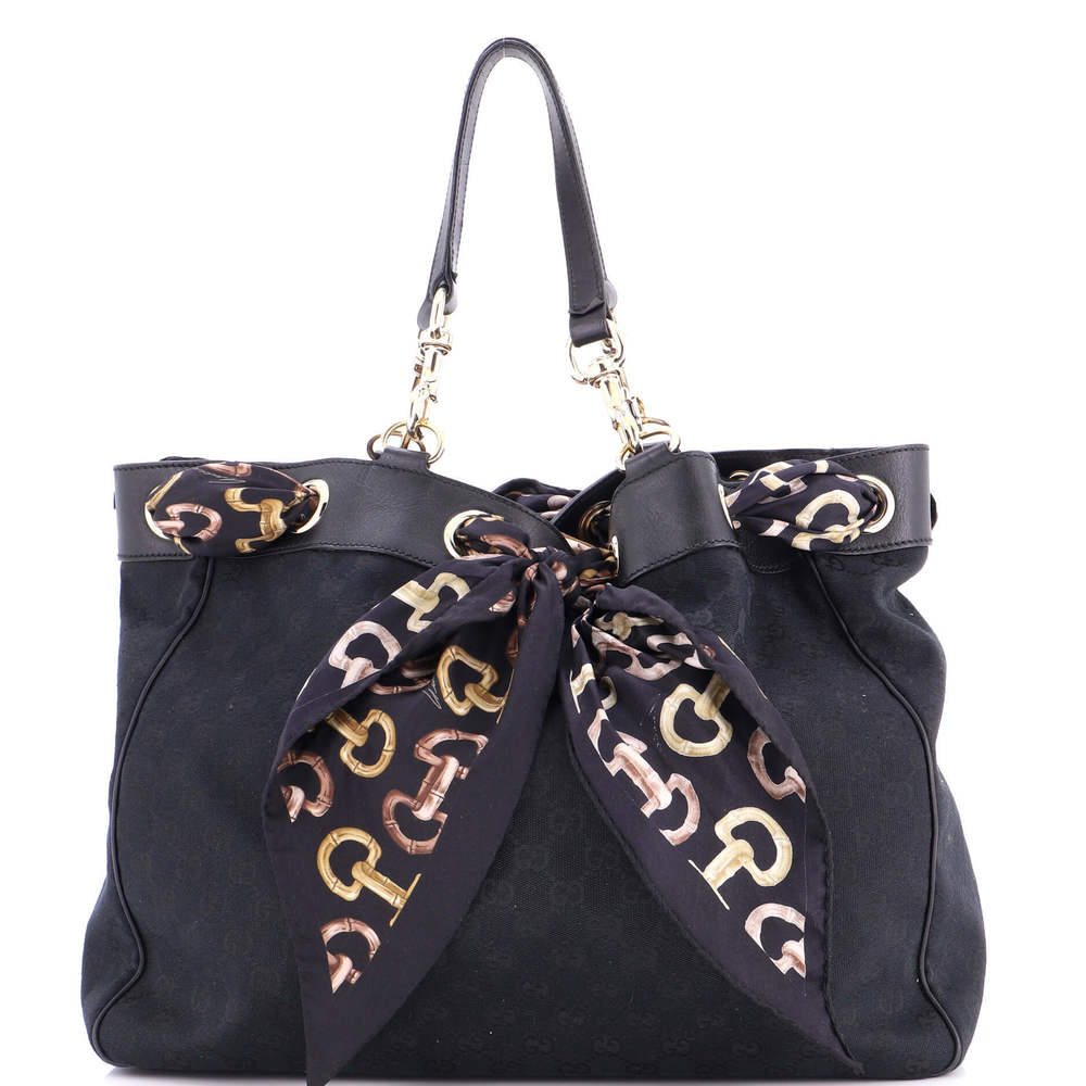 Gucci Black Tote with Gold Hardware and Printed Scarf